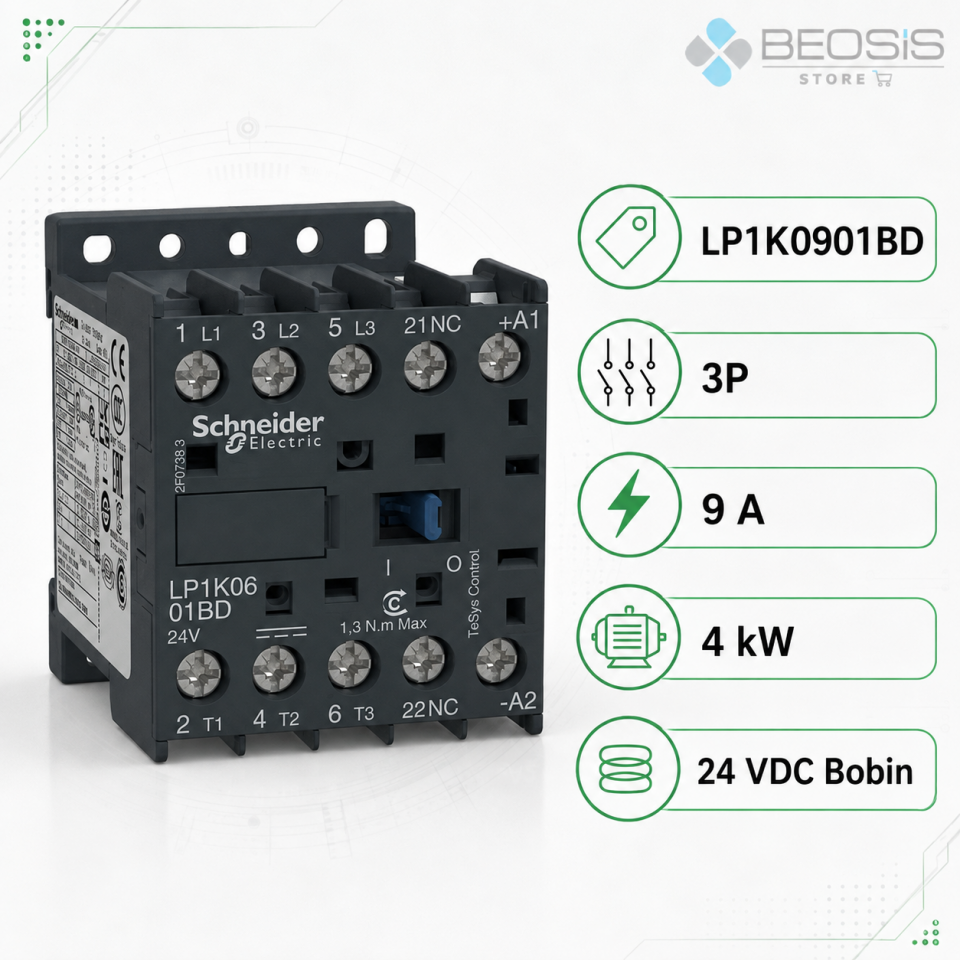 Schneider Electric TeSys K LP1K0901BD 3P 9A 4kW 24 V DC Bobin 1NC Yardımcı Kontak Kontaktör