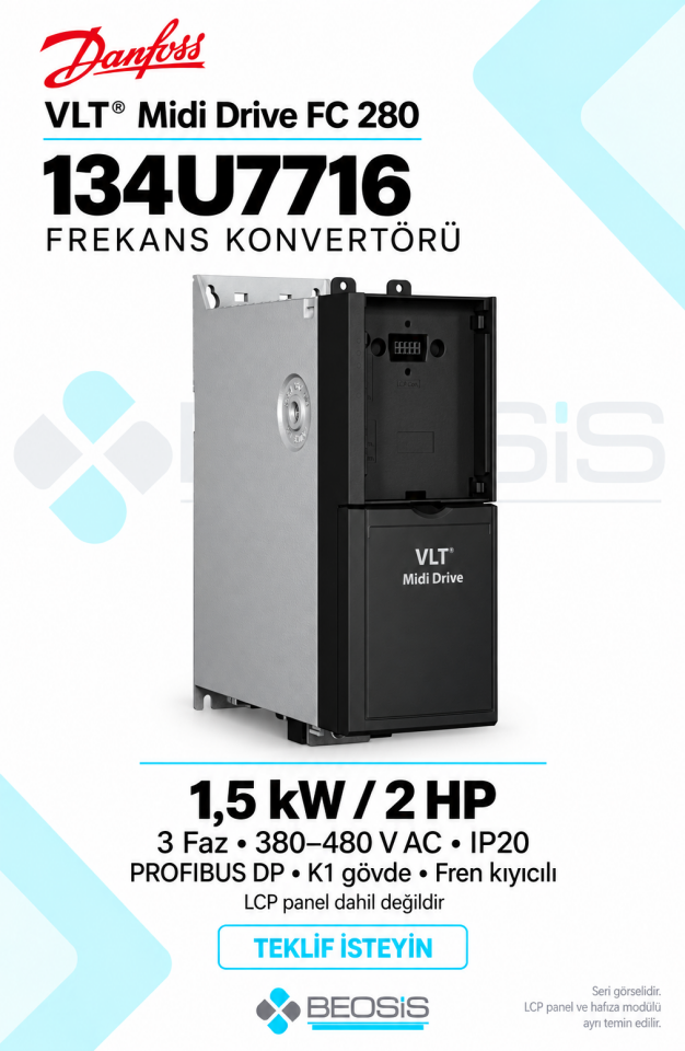 Danfoss 134U7716 VLT Midi Drive FC 280 1,5 kW 380–480 V IP20 PROFIBUS DP Panelsiz Motor Hız Kontrol Cihazı