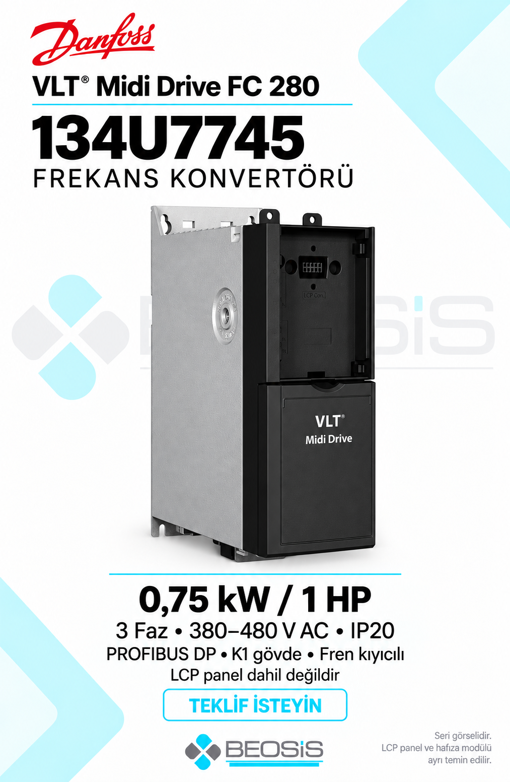 Danfoss 134U7745 VLT Midi Drive FC 280 0,75 kW 380–480 V IP20 PROFIBUS DP Panelsiz Motor Hız Kontrol Cihazı