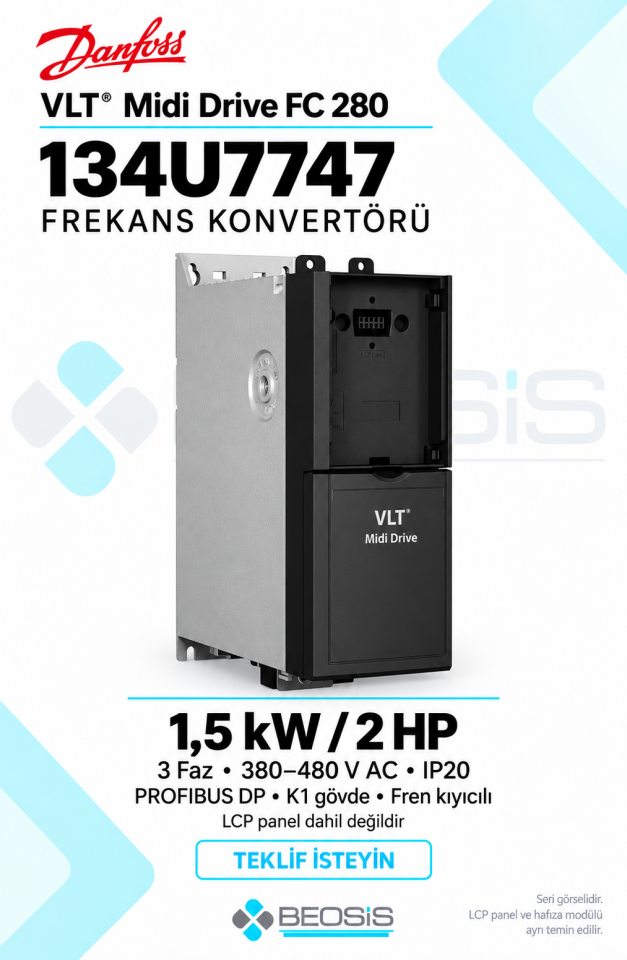 Danfoss 134U7747 VLT Midi Drive FC 280 1,5 kW 380–480 V IP20 PROFIBUS DP Panelsiz Motor Hız Kontrol Cihazı