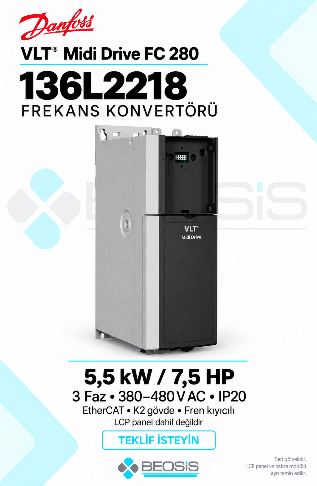 Danfoss 136L2218 VLT Midi Drive FC 280 5,5 kW 380–480 V IP20 EtherCAT Panelsiz Motor Hız Kontrol Cihazı