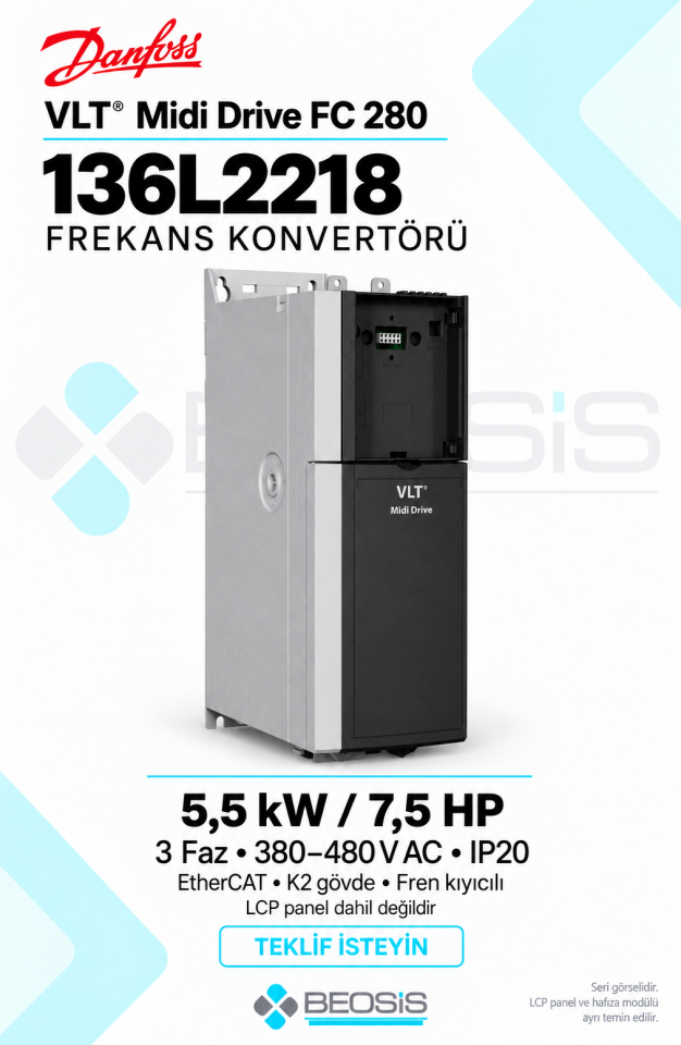 Danfoss 136L2218 VLT Midi Drive FC 280 5,5 kW 380–480 V IP20 EtherCAT Panelsiz Motor Hız Kontrol Cihazı