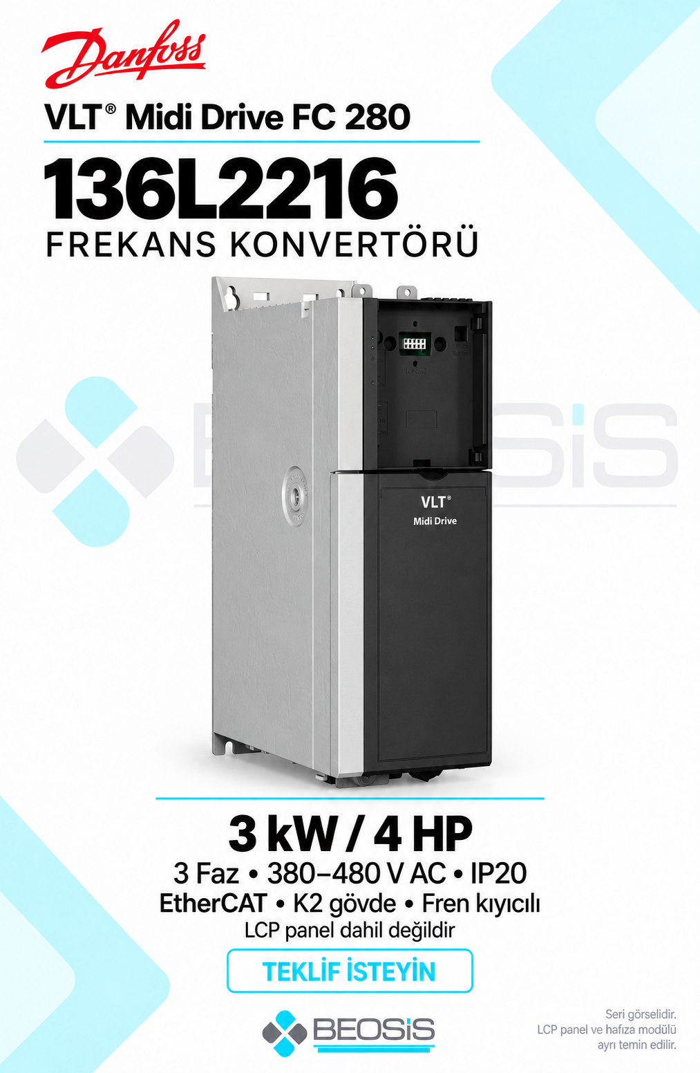 Danfoss 136L2216 VLT Midi Drive FC 280 3 kW 380–480 V IP20 EtherCAT Panelsiz Motor Hız Kontrol Cihazı