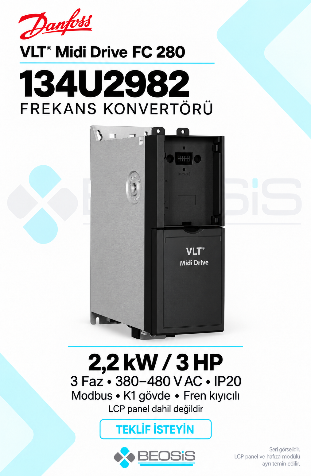 Danfoss 134U2982 VLT Midi Drive FC 280 2,2 kW 380–480 V IP20 Modbus Panelsiz Motor Hız Kontrol Cihazı