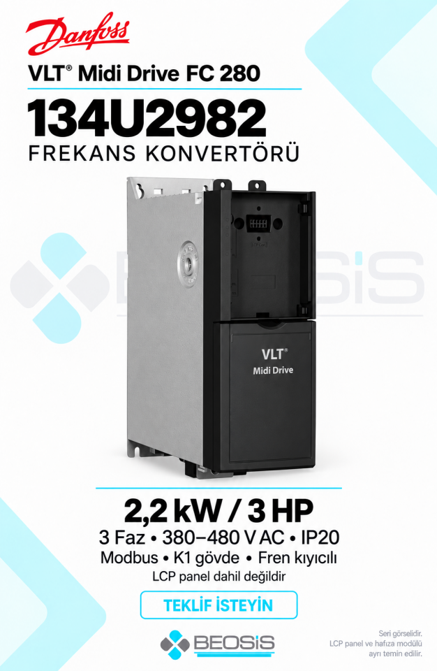 Danfoss 134U2982 VLT Midi Drive FC 280 2,2 kW 380–480 V IP20 Modbus Panelsiz Motor Hız Kontrol Cihazı