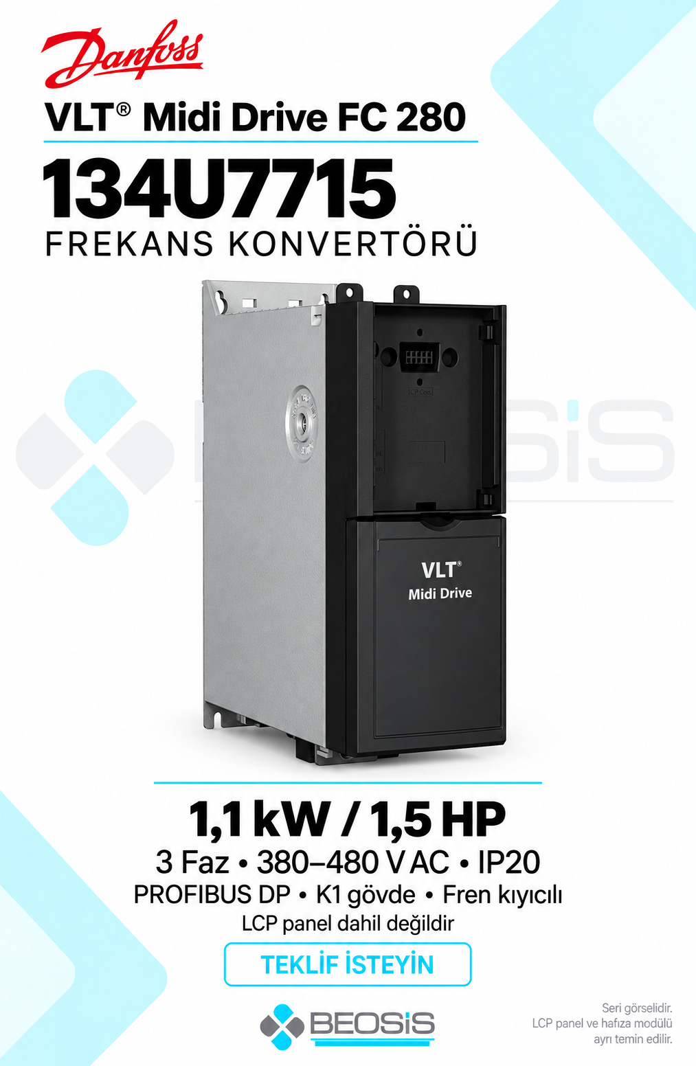 Danfoss 134U7715 VLT Midi Drive FC 280 1,1 kW 380–480 V IP20 PROFIBUS DP Panelsiz Motor Hız Kontrol Cihazı