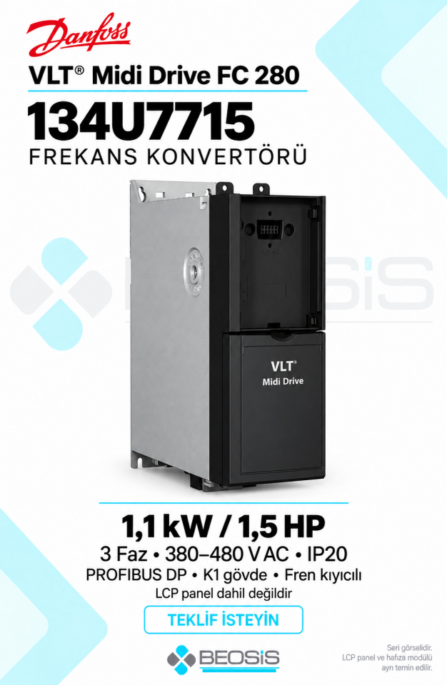 Danfoss 134U7715 VLT Midi Drive FC 280 1,1 kW 380–480 V IP20 PROFIBUS DP Panelsiz Motor Hız Kontrol Cihazı