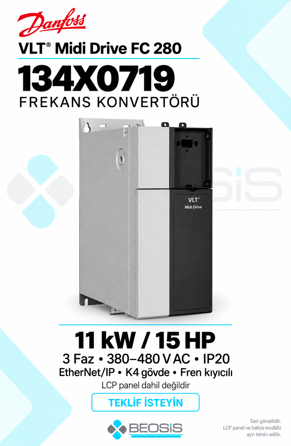 Danfoss 134X0719 VLT Midi Drive FC 280 11 kW 380–480 V IP20 EtherNet/IP Panelsiz Motor Hız Kontrol Cihazı