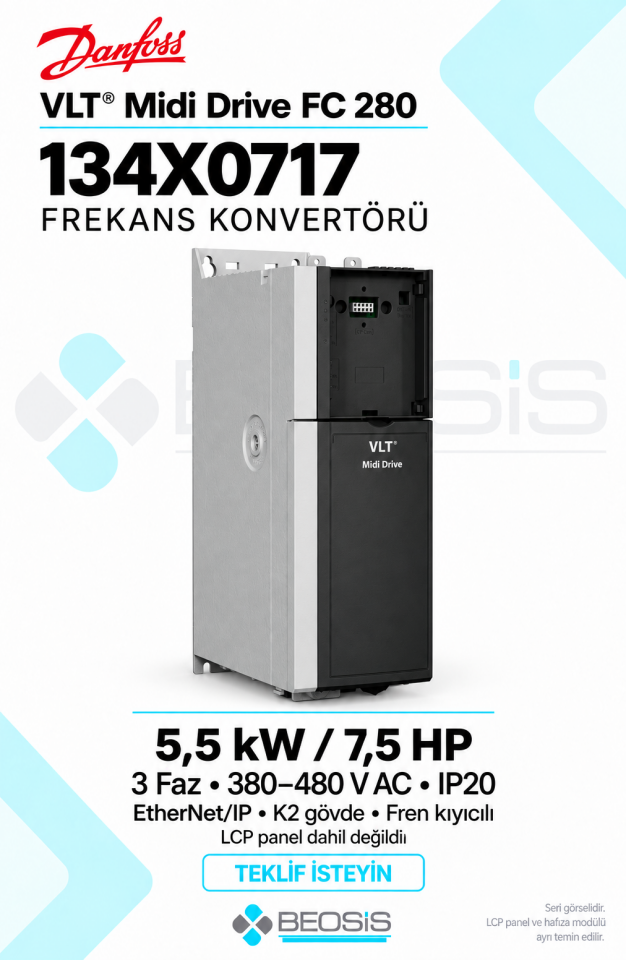 Danfoss 134X0717 VLT Midi Drive FC 280 5,5 kW 380–480 V IP20 EtherNet/IP Panelsiz Motor Hız Kontrol Cihazı