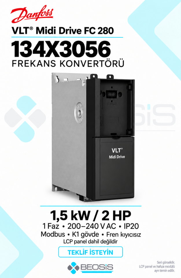 Danfoss 134X3056 VLT Midi Drive FC 280 1,5 kW 200–240 V IP20 Modbus Panelsiz Motor Hız Kontrol Cihazı