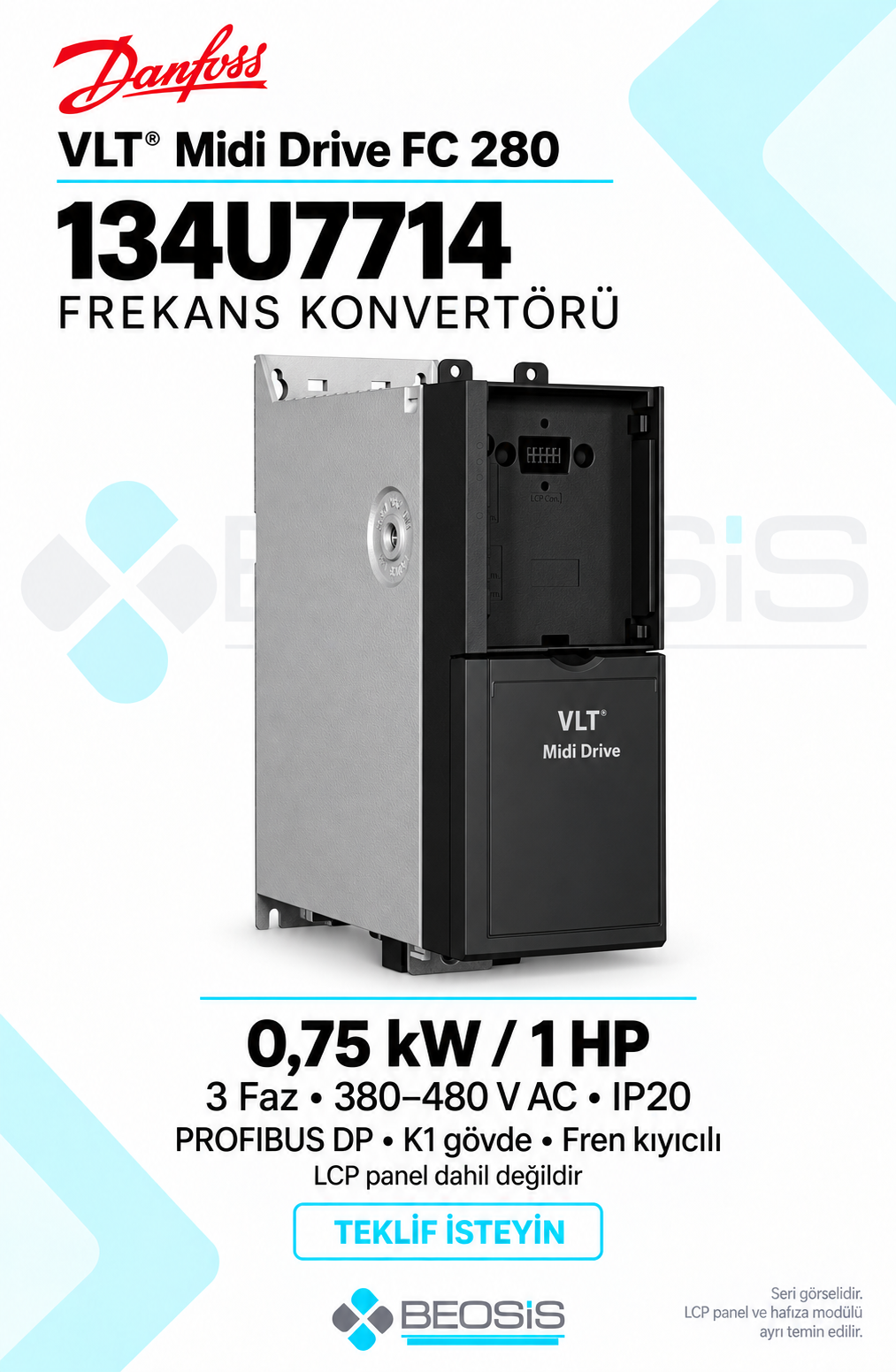 Danfoss 134U7714 VLT Midi Drive FC 280 0,75 kW 380–480 V IP20 PROFIBUS DP Panelsiz Motor Hız Kontrol Cihazı