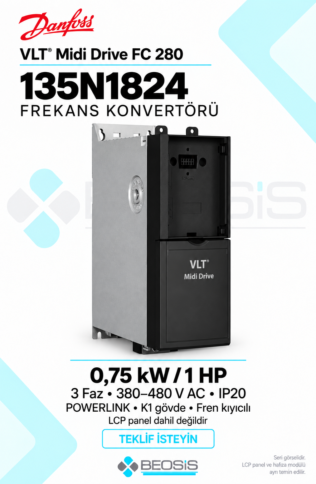 Danfoss 135N1824 VLT Midi Drive FC 280 0,75 kW 380–480 V IP20 POWERLINK Panelsiz Motor Hız Kontrol Cihazı