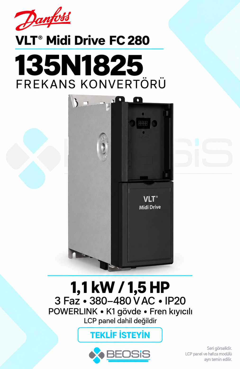 Danfoss 135N1825 VLT Midi Drive FC 280 1,1 kW 380–480 V IP20 POWERLINK Panelsiz Motor Hız Kontrol Cihazı