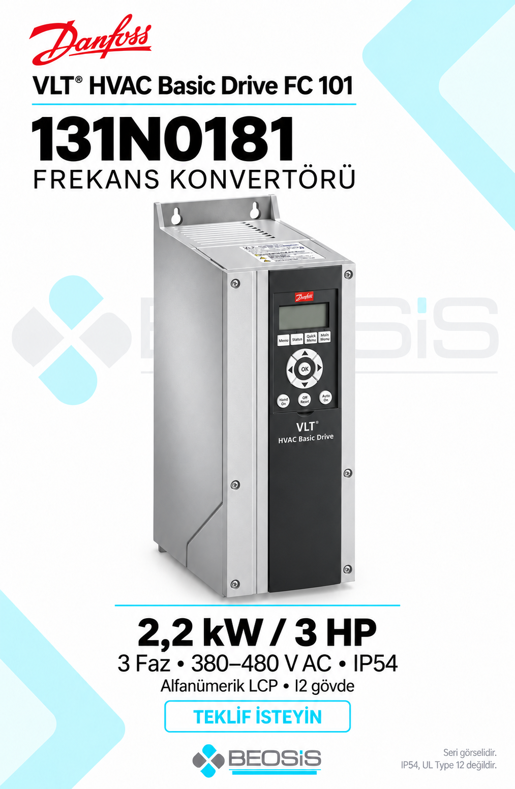 Danfoss 131N0181 VLT HVAC Basic Drive FC 101 2,2 kW 380–480 V IP54 Alfanümerik Panelli Motor Hız Kontrol Cihazı