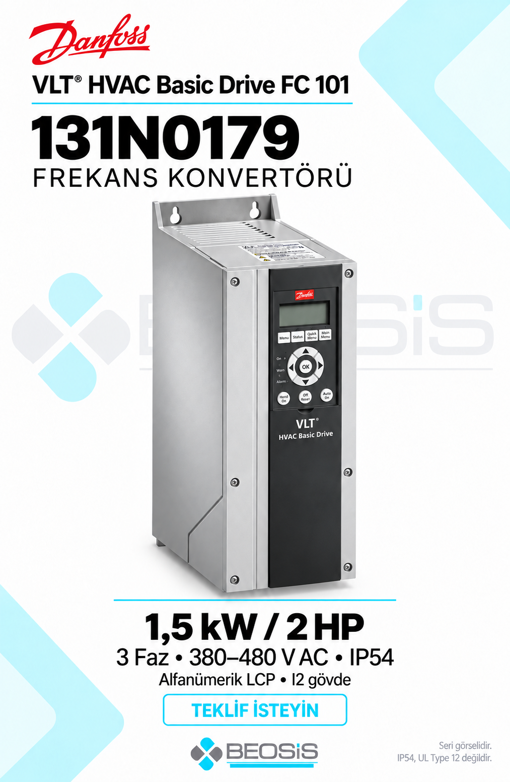 Danfoss 131N0179 VLT HVAC Basic Drive FC 101 1,5 kW 380–480 V IP54 Alfanümerik Panelli Motor Hız Kontrol Cihazı