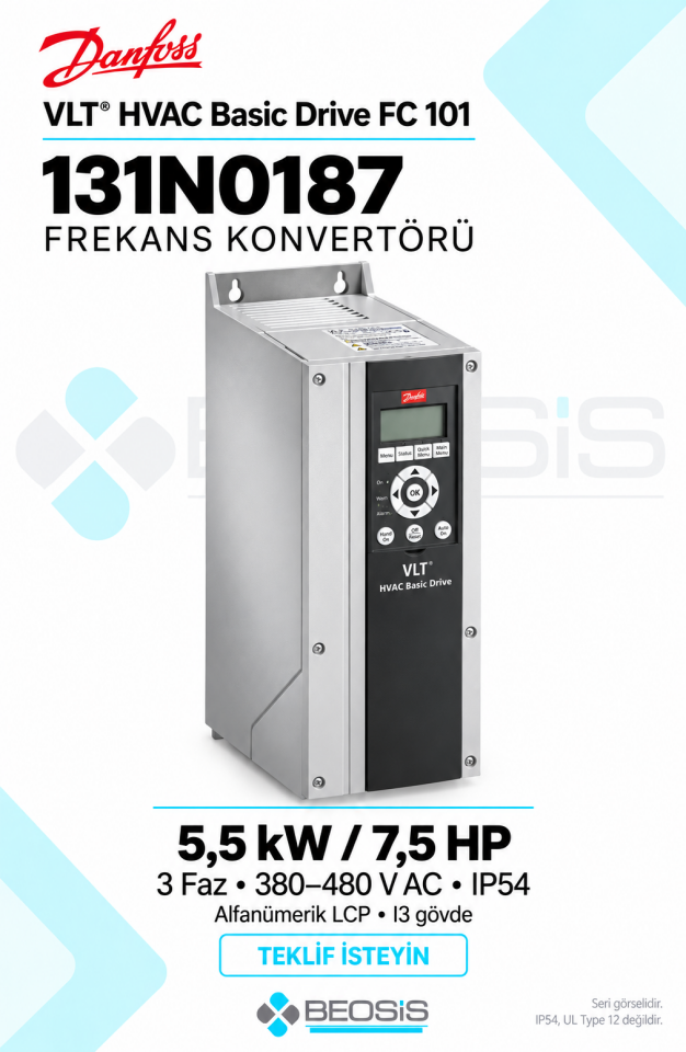 Danfoss 131N0187 VLT HVAC Basic Drive FC 101 5,5 kW 380–480 V IP54 Alfanümerik Panelli Motor Hız Kontrol Cihazı