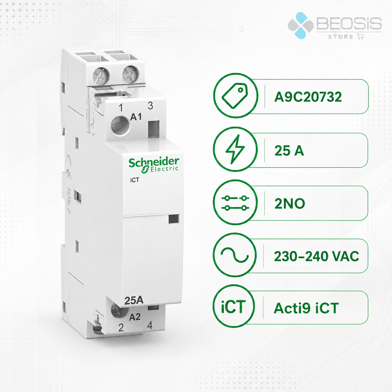 Schneider Electric Acti9 iCT A9C20732 25A 2NO 230–240 V AC Modüler Kontaktör