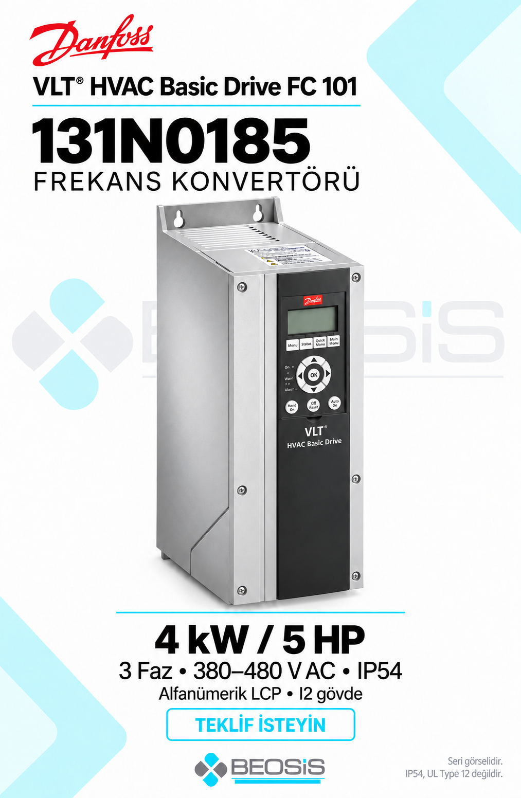 Danfoss 131N0185 VLT HVAC Basic Drive FC 101 4 kW 380–480 V IP54 Alfanümerik Panelli Motor Hız Kontrol Cihazı