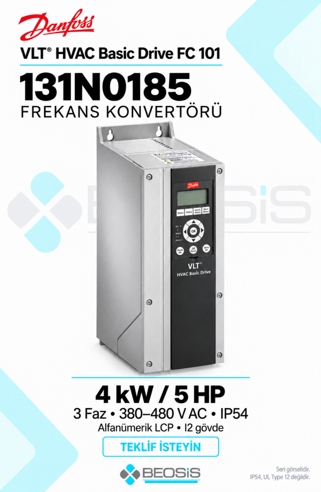 Danfoss 131N0185 VLT HVAC Basic Drive FC 101 4 kW 380–480 V IP54 Alfanümerik Panelli Motor Hız Kontrol Cihazı