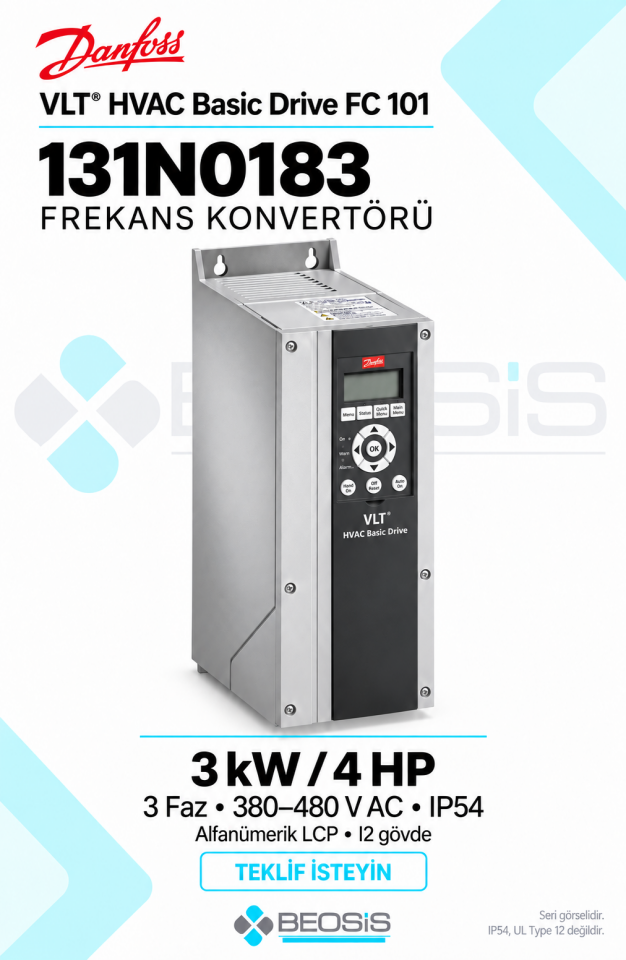 Danfoss 131N0183 VLT HVAC Basic Drive FC 101 3 kW 380–480 V IP54 Alfanümerik Panelli Motor Hız Kontrol Cihazı