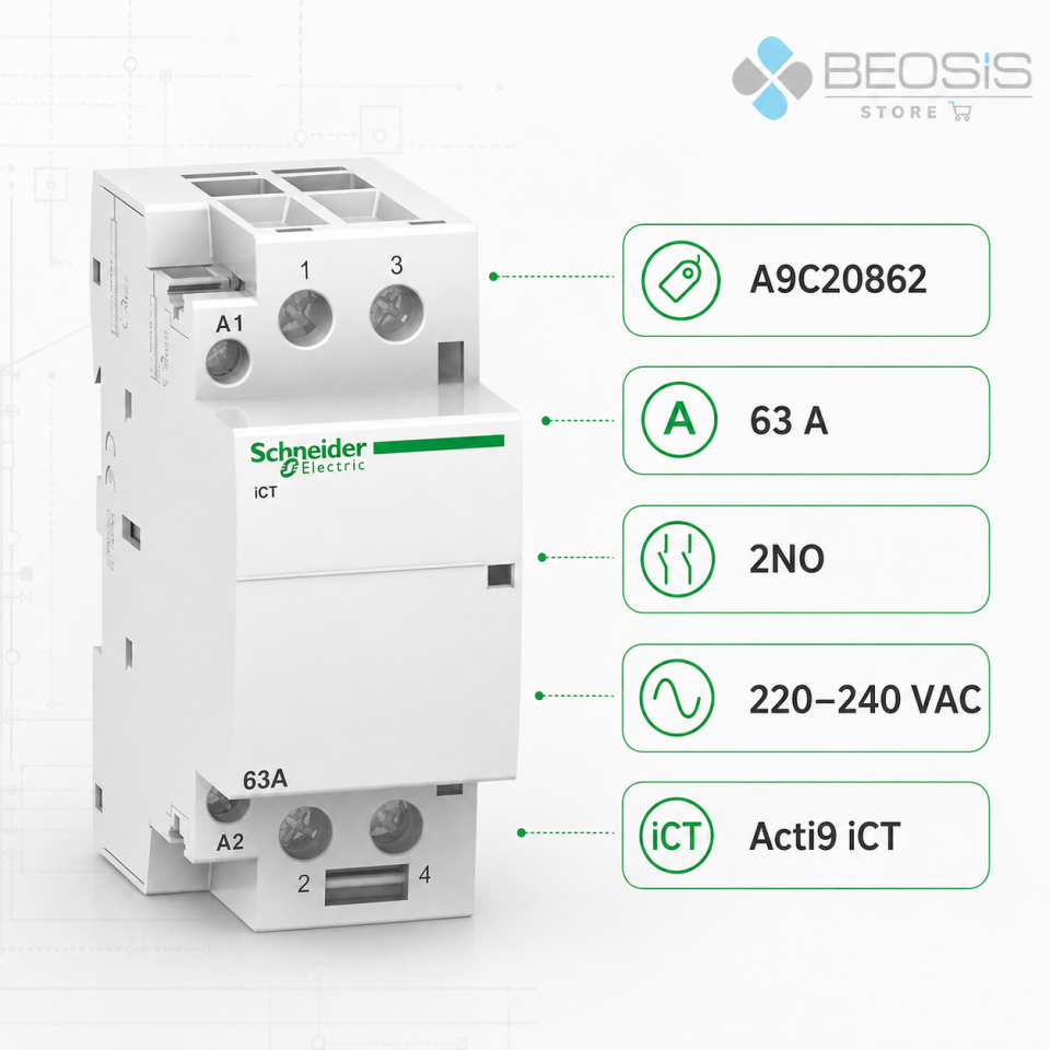 Schneider Electric Acti9 iCT A9C20862 63A 2NO 220–240 V AC Modüler Kontaktör