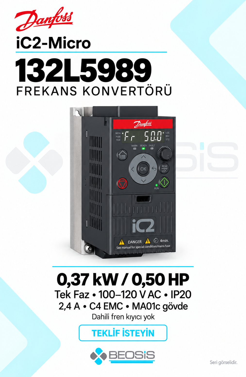 Danfoss 132L5989 iC2-Micro 0,37 kW 100–120 V Tek Faz IP20 Motor Hız Kontrol Cihazı