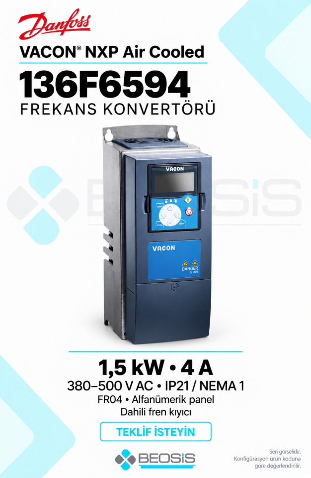 Danfoss 136F6594 VACON NXP 1,5 kW LO 380–500 V IP21 Alfanümerik Panelli Motor Hız Kontrol Cihazı