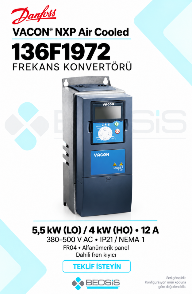 Danfoss 136F1972 VACON NXP 5,5 kW LO 380–500 V IP21 Alfanümerik Panelli Motor Hız Kontrol Cihazı