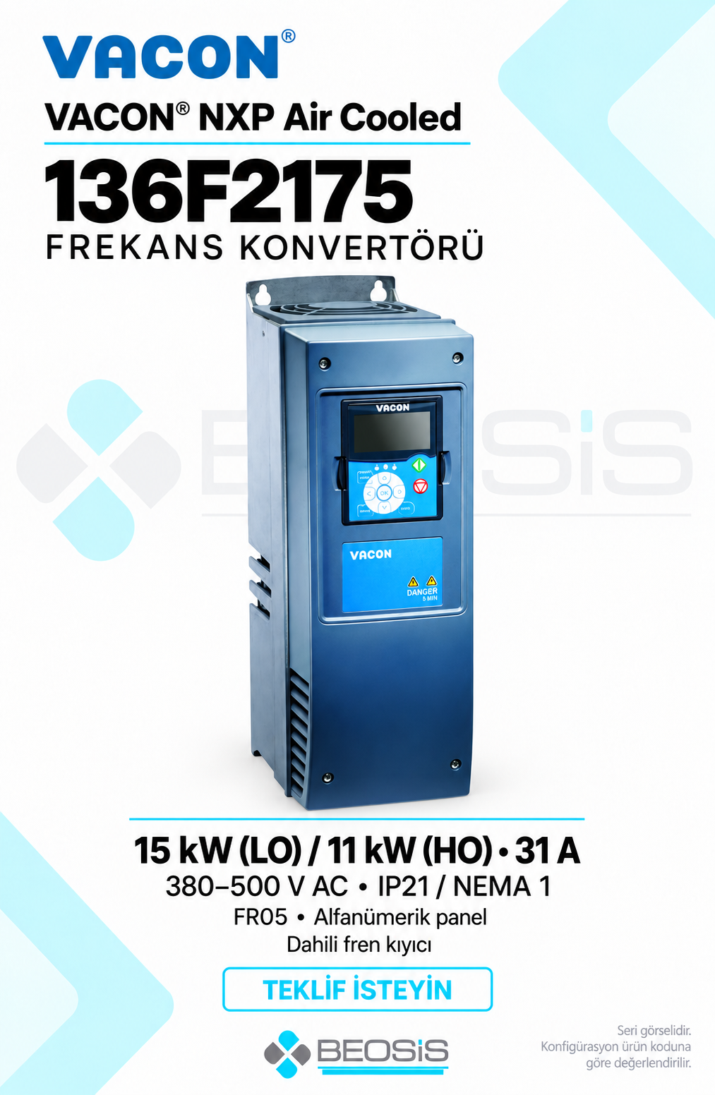 Danfoss 136F2175 VACON NXP 15 kW LO 380–500 V IP21 Alfanümerik Panelli Motor Hız Kontrol Cihazı