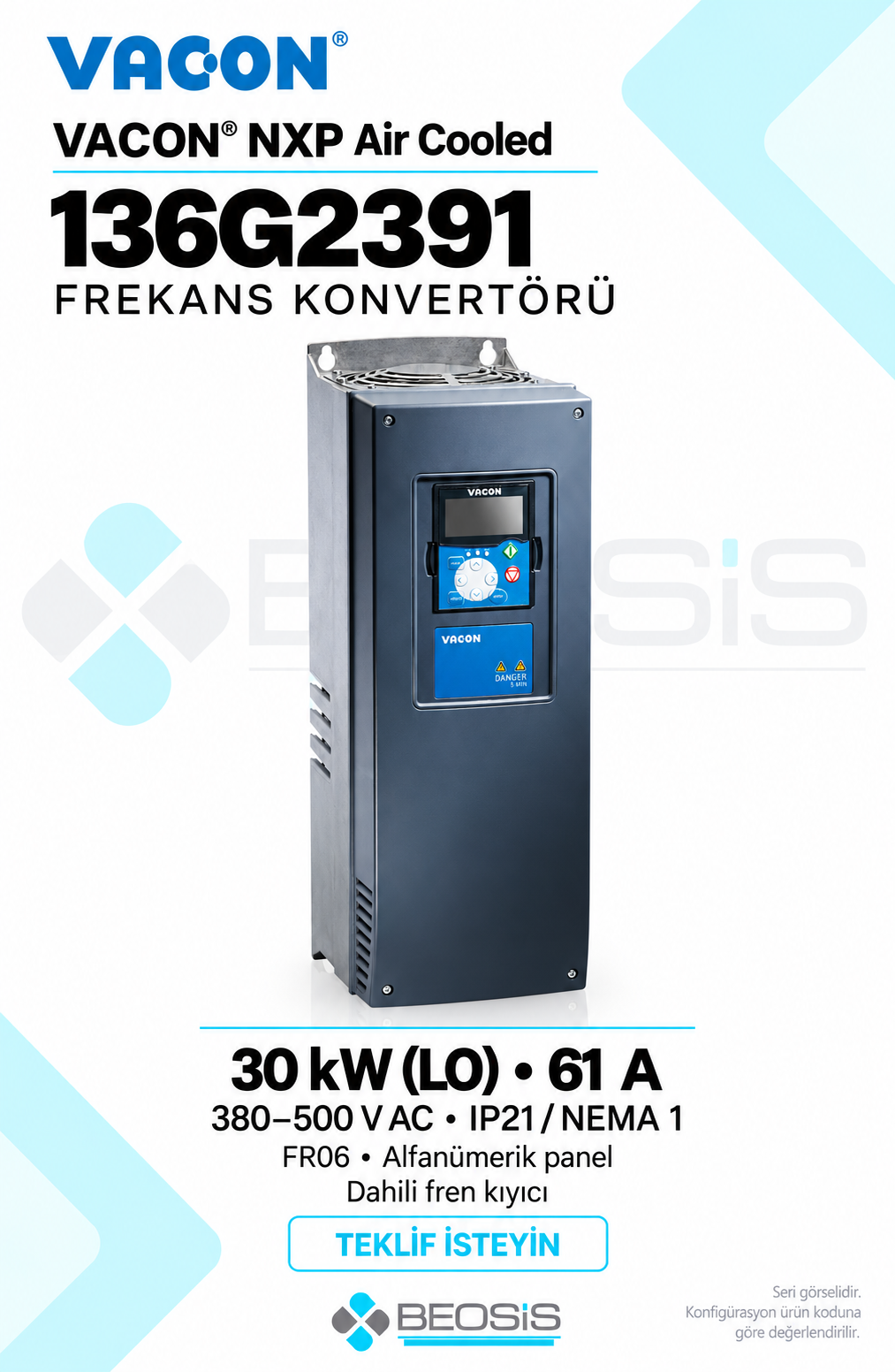 Danfoss 136G2391 VACON NXP 30 kW LO 380–500 V IP21 Alfanümerik Panelli Motor Hız Kontrol Cihazı