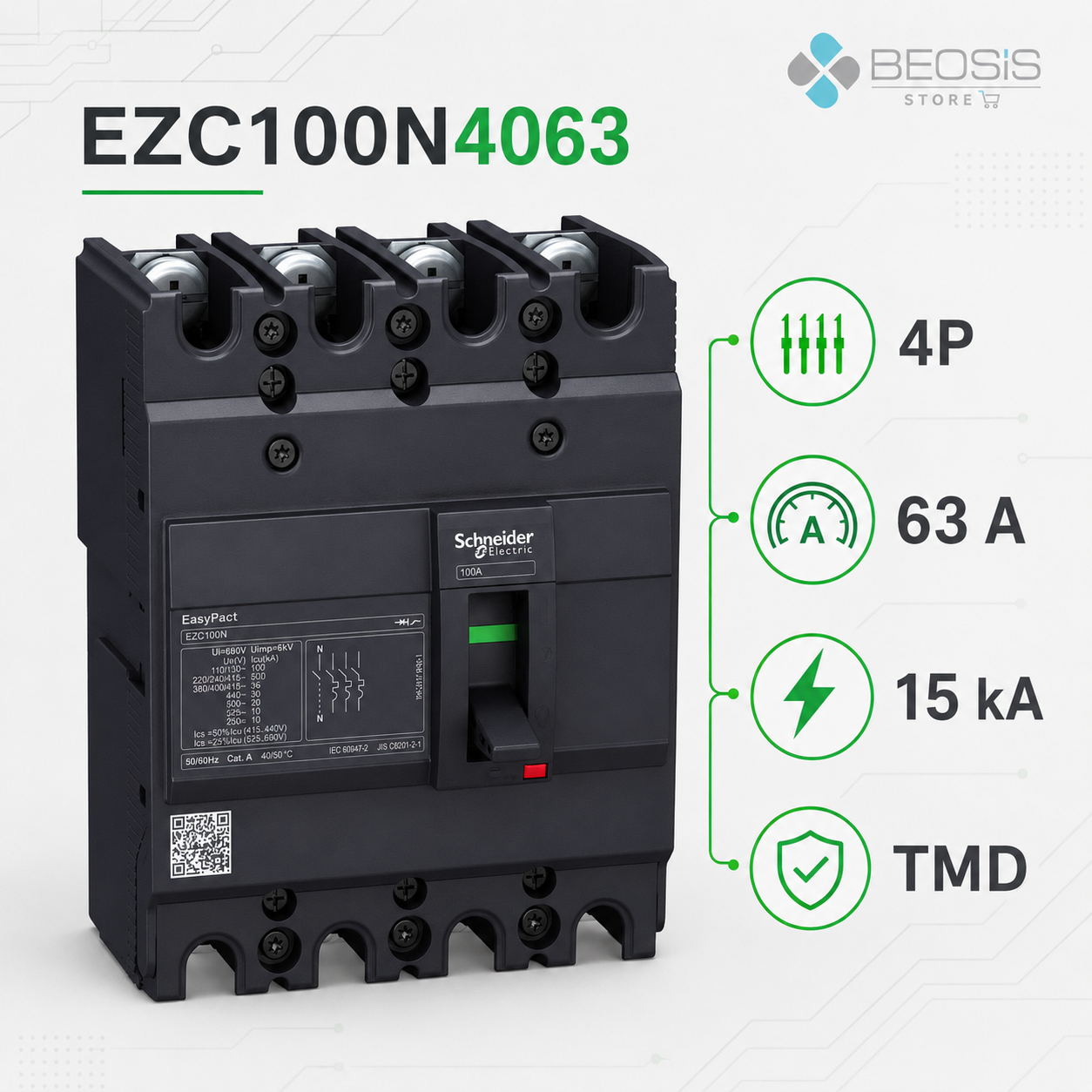 Schneider Electric EasyPact EZC100N4063 TMD 4P 63A 15kA Kompakt Şalter