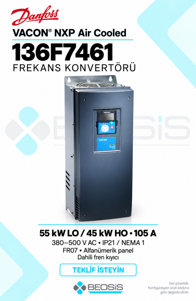 Danfoss 136F7461 VACON NXP 55 kW LO 380–500 V IP21 Alfanümerik Panelli Motor Hız Kontrol Cihazı