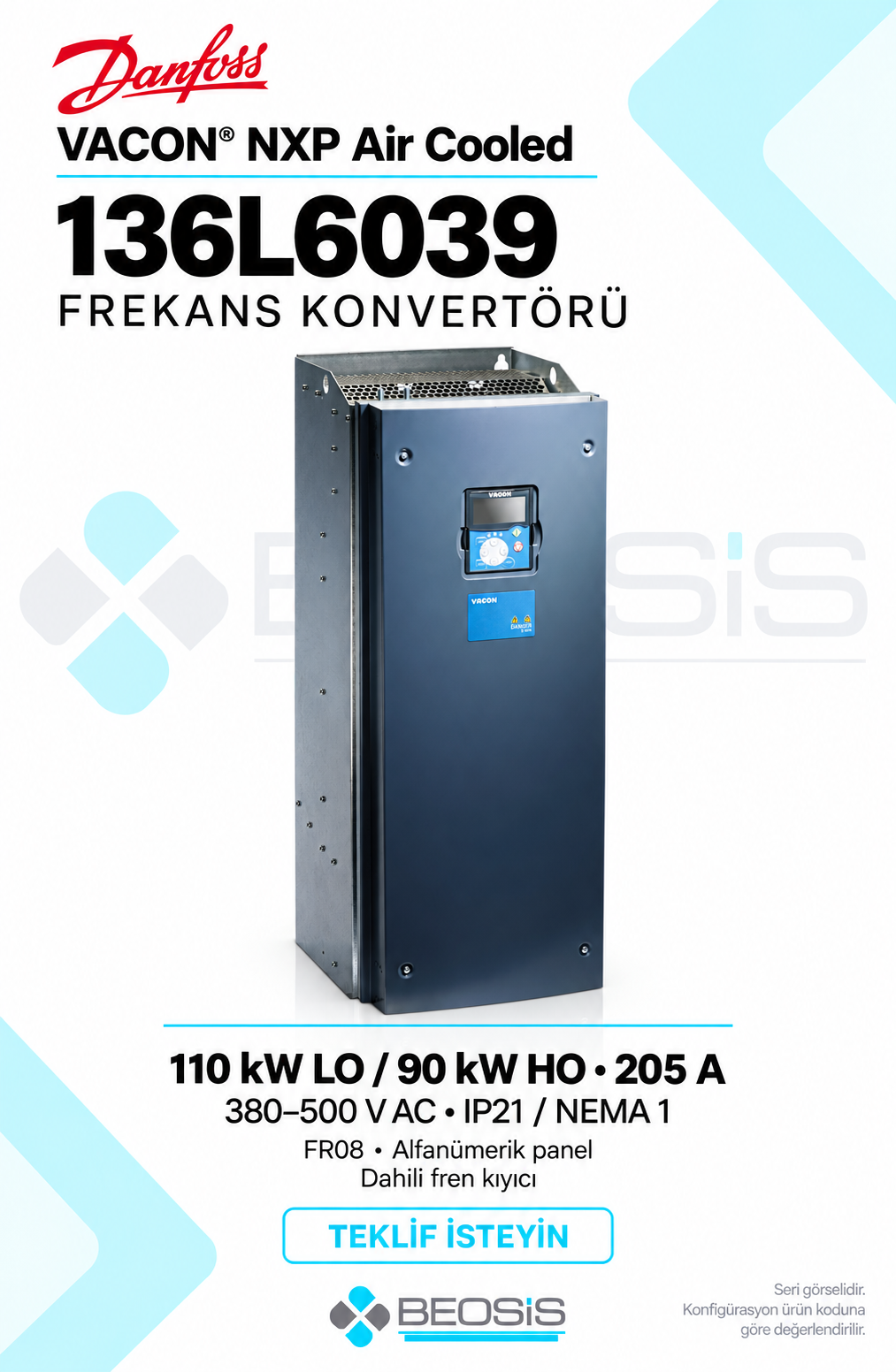 Danfoss 136L6039 VACON NXP 110 kW LO 380–500 V IP21 Alfanümerik Panelli Motor Hız Kontrol Cihazı