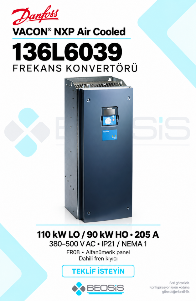 Danfoss 136L6039 VACON NXP 110 kW LO 380–500 V IP21 Alfanümerik Panelli Motor Hız Kontrol Cihazı