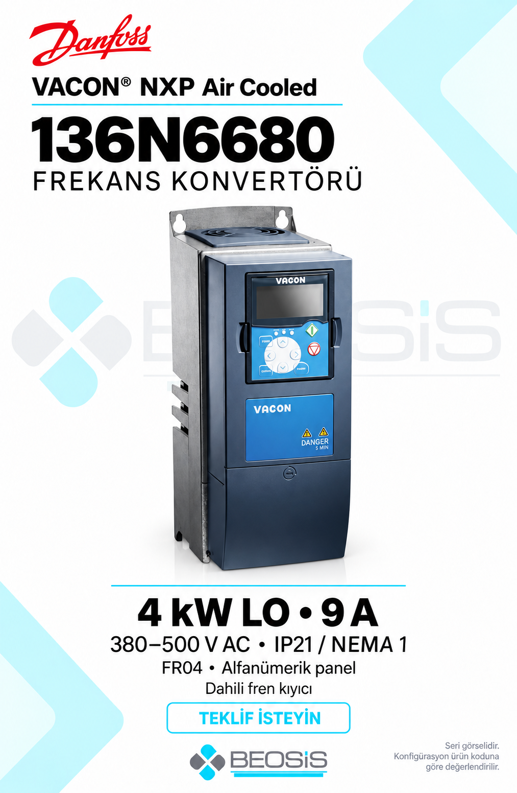 Danfoss 136N6680 VACON NXP 4 kW LO 380–500 V IP21 Alfanümerik Panelli Motor Hız Kontrol Cihazı