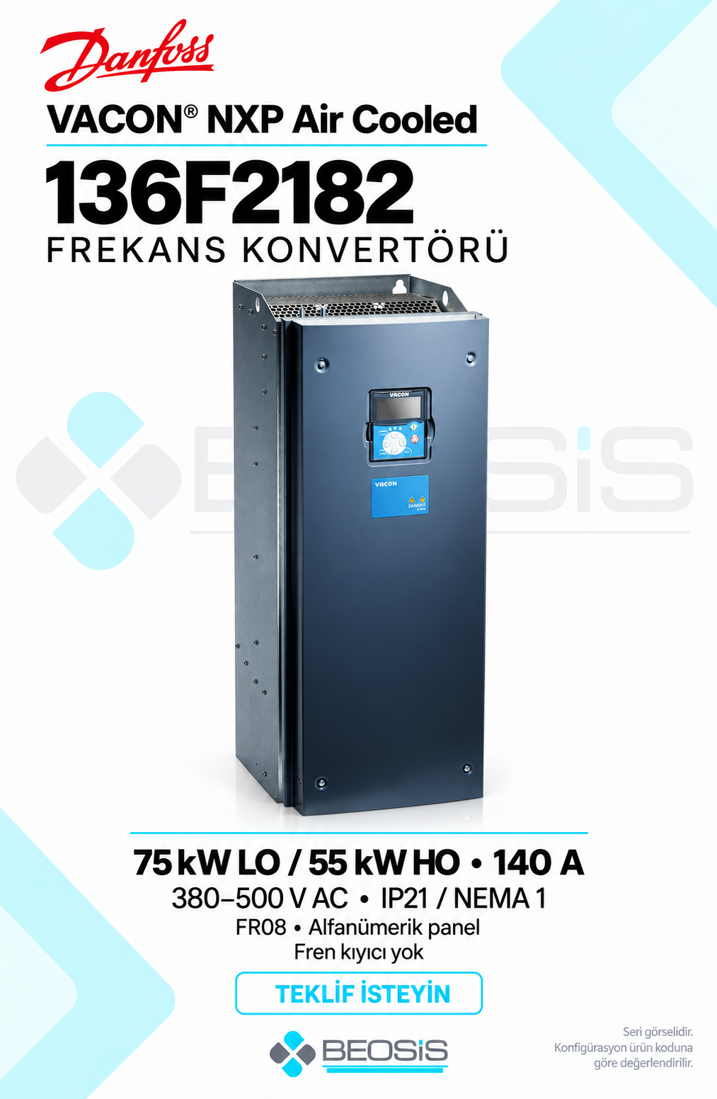 Danfoss 136F2182 VACON NXP 75 kW LO 380–500 V IP21 Alfanümerik Panelli Motor Hız Kontrol Cihazı