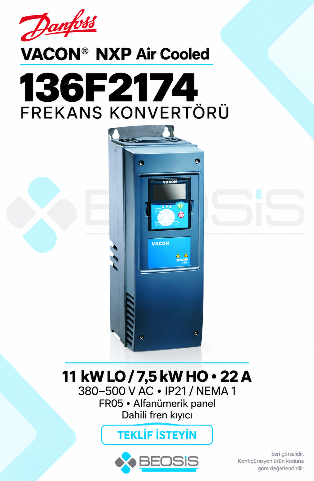 Danfoss 136F2174 VACON NXP 11 kW LO 380–500 V IP21 Alfanümerik Panelli Motor Hız Kontrol Cihazı
