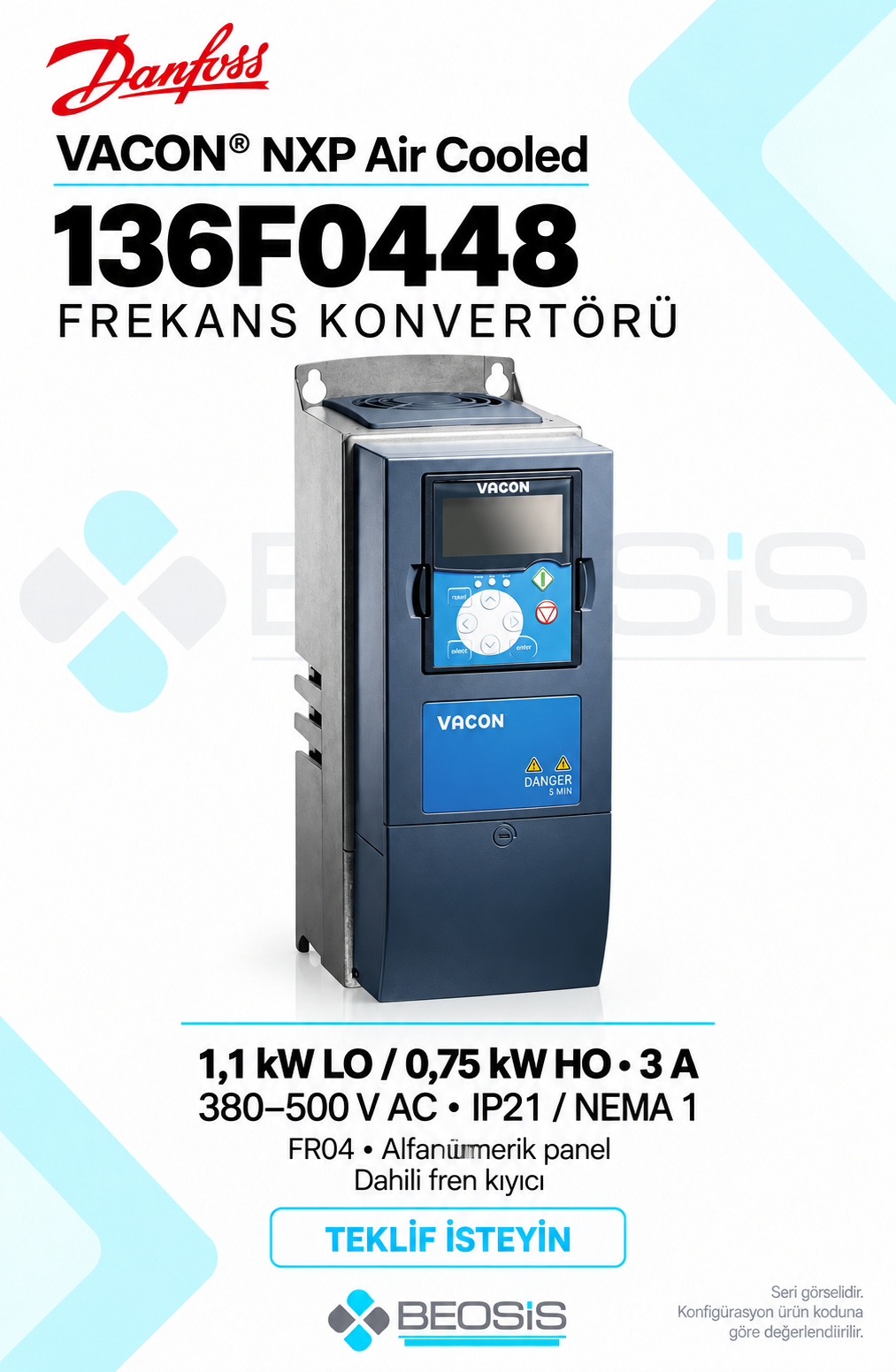 Danfoss 136F0448 VACON NXP 1,1 kW LO 380–500 V IP21 Alfanümerik Panelli Motor Hız Kontrol Cihazı