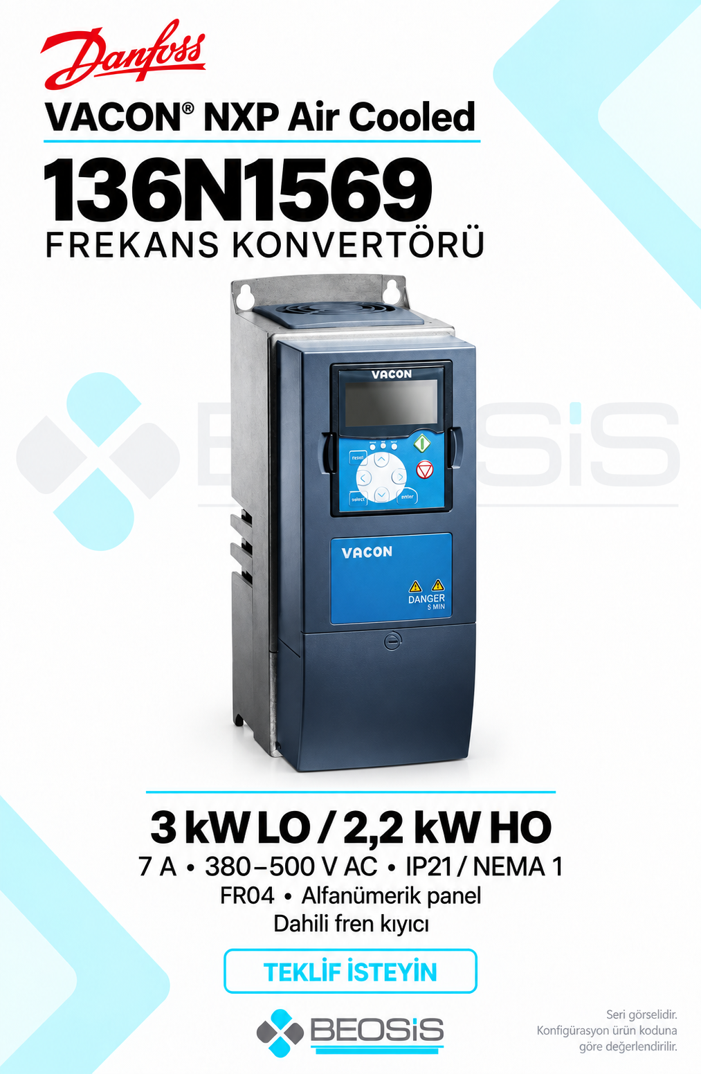 Danfoss 136N1569 VACON NXP 3 kW LO 380–500 V IP21 Alfanümerik Panelli Motor Hız Kontrol Cihazı