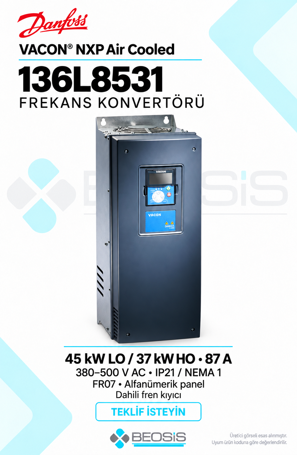Danfoss 136L8531 VACON NXP 45 kW LO 380–500 V IP21 Alfanümerik Panelli Motor Hız Kontrol Cihazı