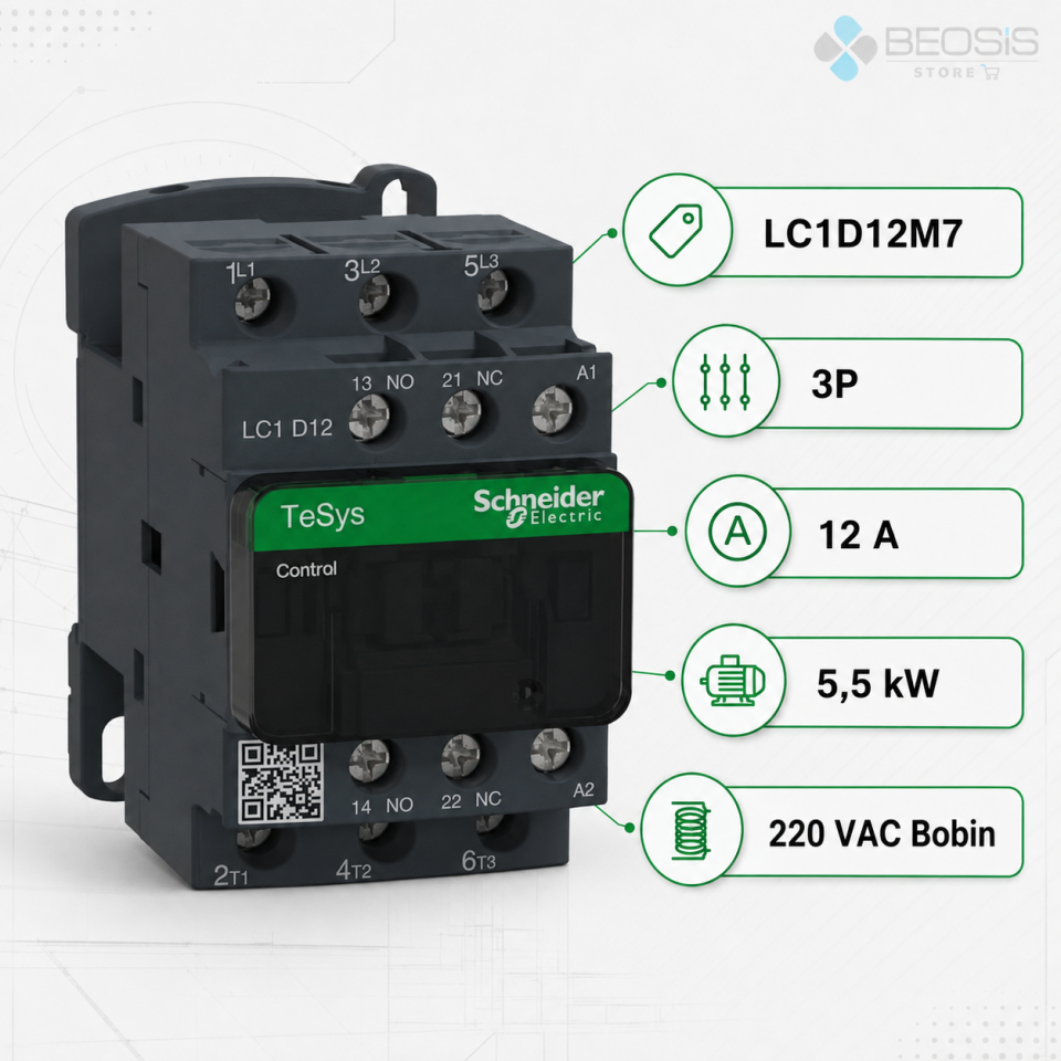 Schneider Electric TeSys D LC1D12M7 3P 12A 5.5kW 220VAC Bobin Güç Kontaktörü
