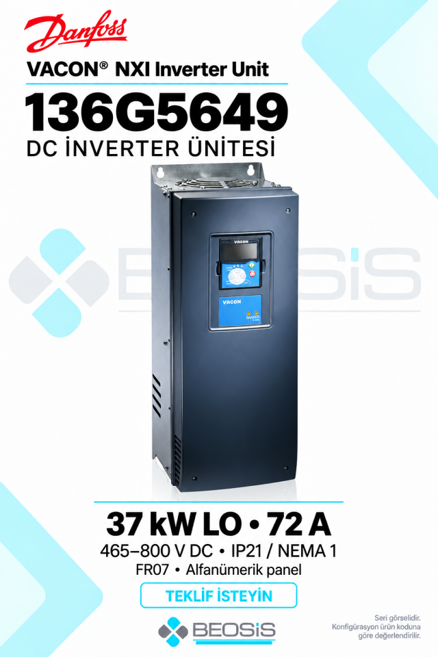 Danfoss 136G5649 VACON NXI 37 kW LO 465–800 V DC IP21 DC İnverter Ünitesi