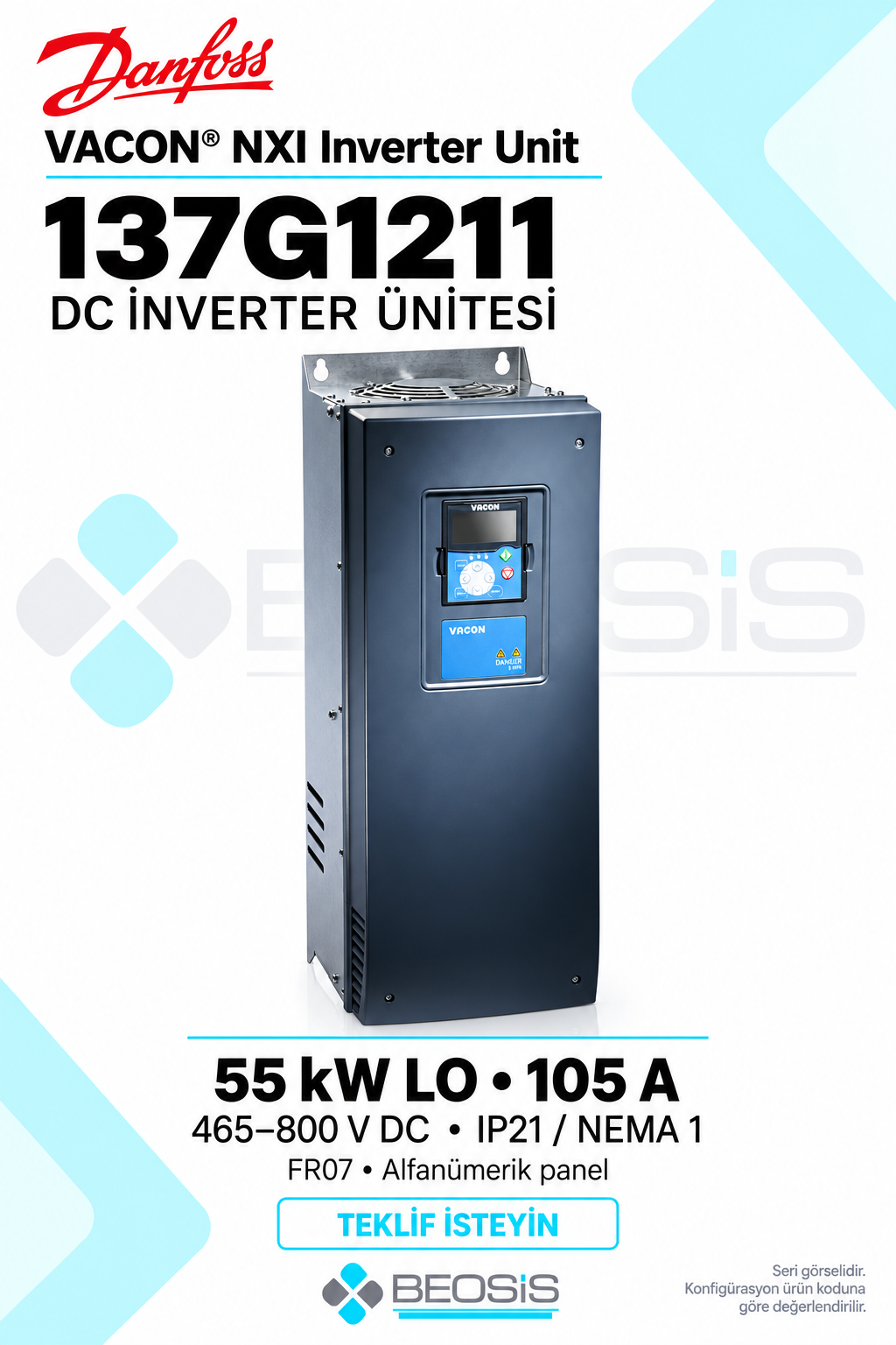 Danfoss 137G1211 VACON NXI 55 kW LO 465–800 V DC IP21 DC İnverter Ünitesi