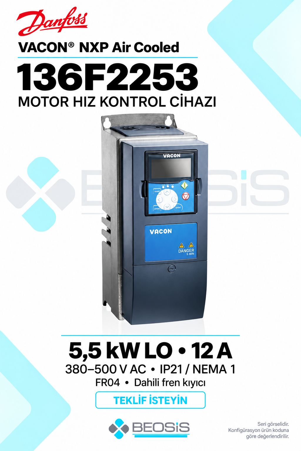 Danfoss 136F2253 VACON NXP 5,5 kW LO 380–500 V IP21 Alfanümerik Panelli Motor Hız Kontrol Cihazı