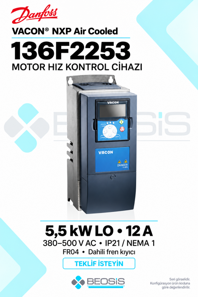 Danfoss 136F2253 VACON NXP 5,5 kW LO 380–500 V IP21 Alfanümerik Panelli Motor Hız Kontrol Cihazı