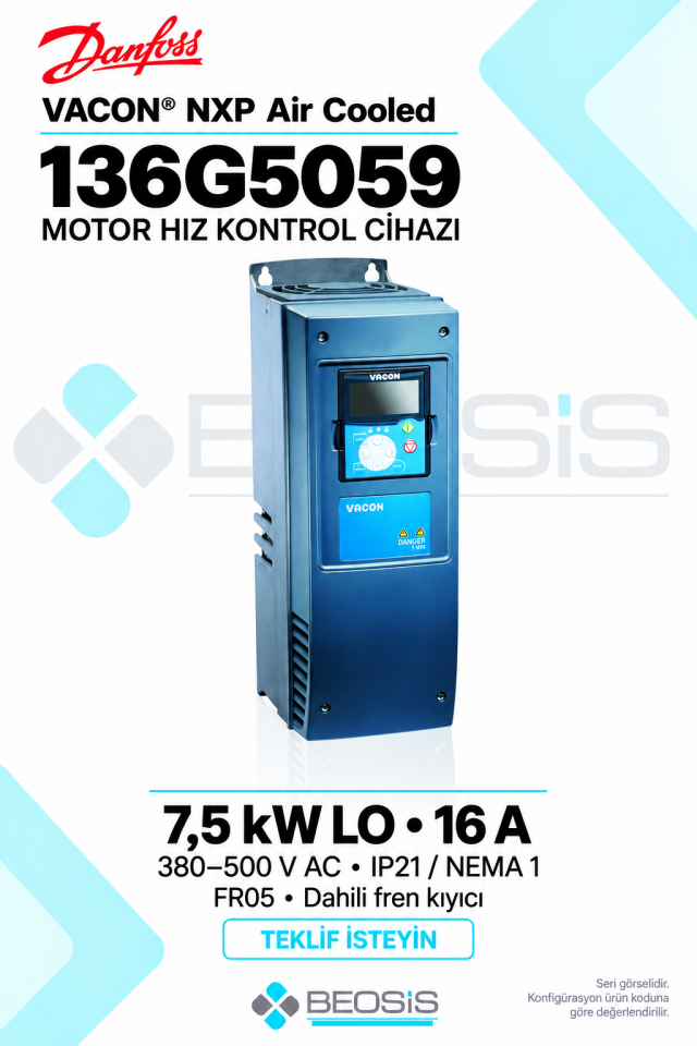 Danfoss 136G5059 VACON NXP 7,5 kW LO 380–500 V IP21 Alfanümerik Panelli Motor Hız Kontrol Cihazı