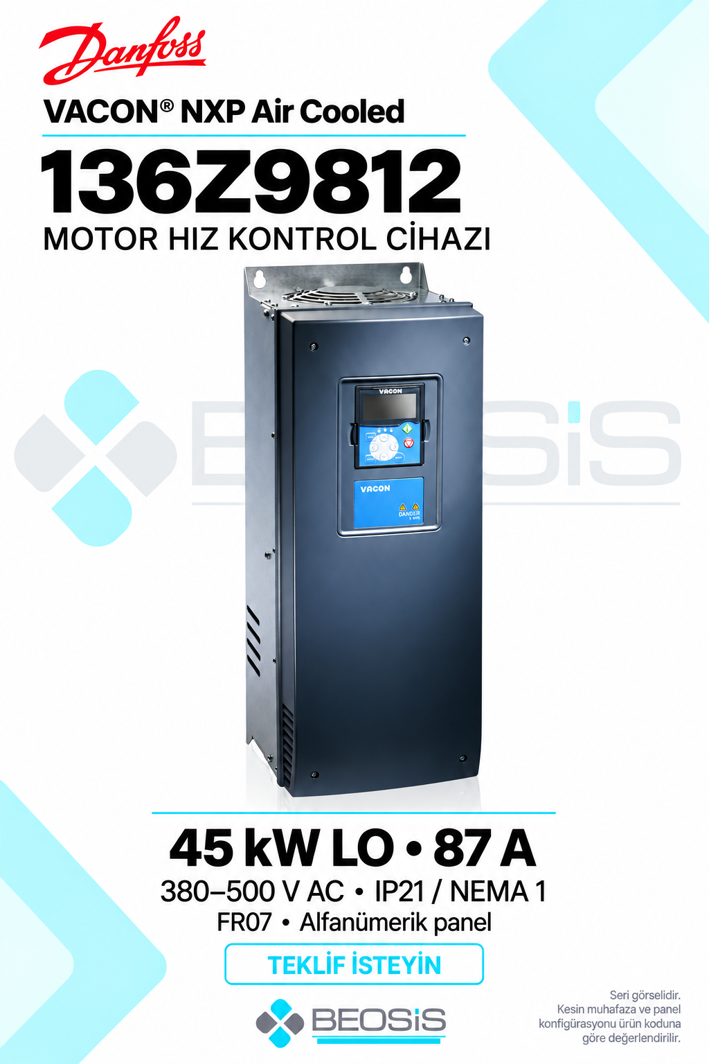 Danfoss 136Z9812 VACON NXP 45 kW LO 380–500 V IP21 Alfanümerik Panelli Motor Hız Kontrol Cihazı