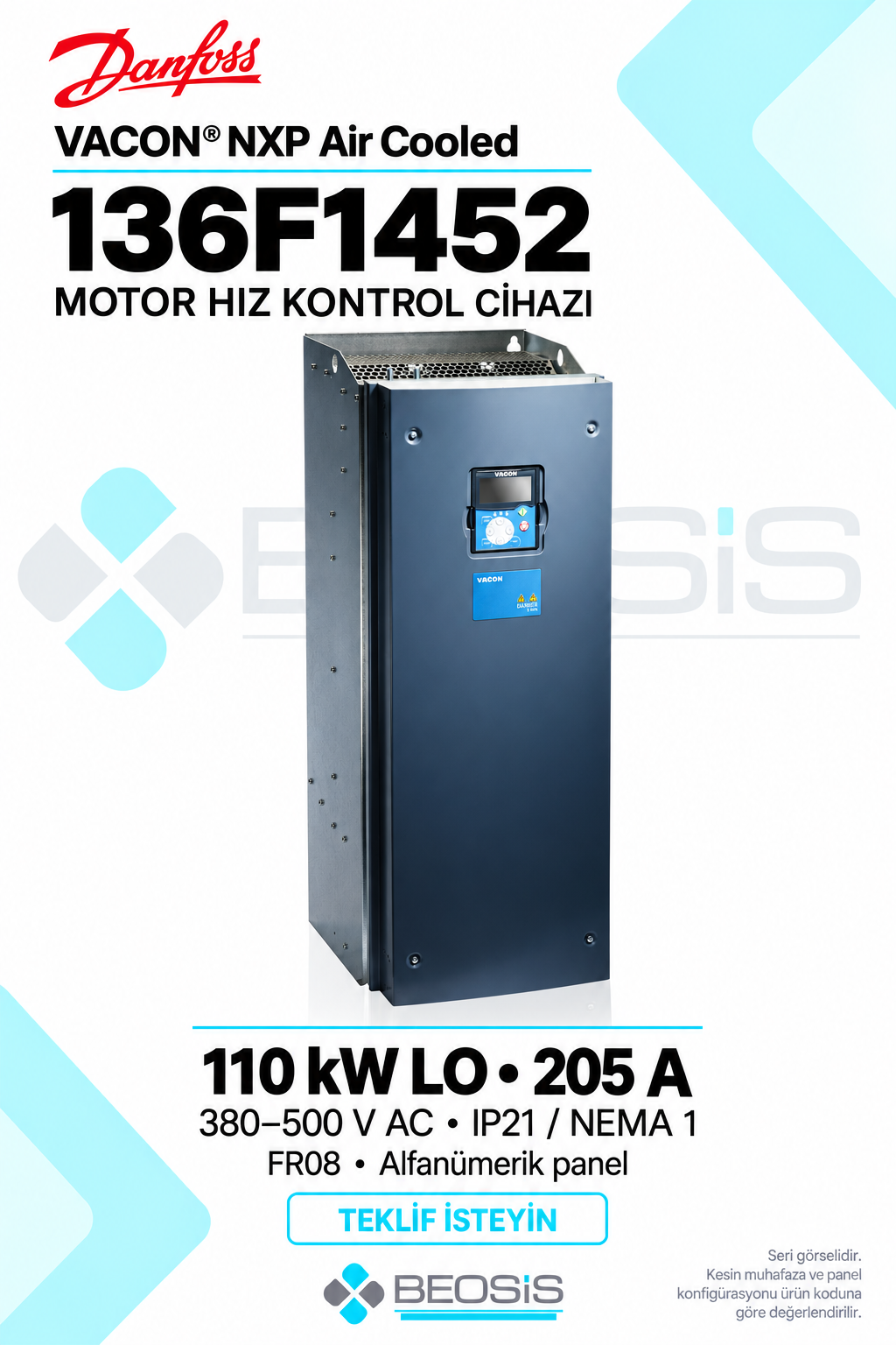 Danfoss 136F1452 VACON NXP 110 kW LO 380–500 V IP21 Alfanümerik Panelli Motor Hız Kontrol Cihazı