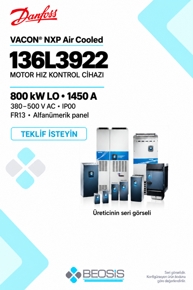 Danfoss 136L3922 VACON NXP 800 kW LO 380–500 V IP00 Alfanümerik Panelli Motor Hız Kontrol Cihazı