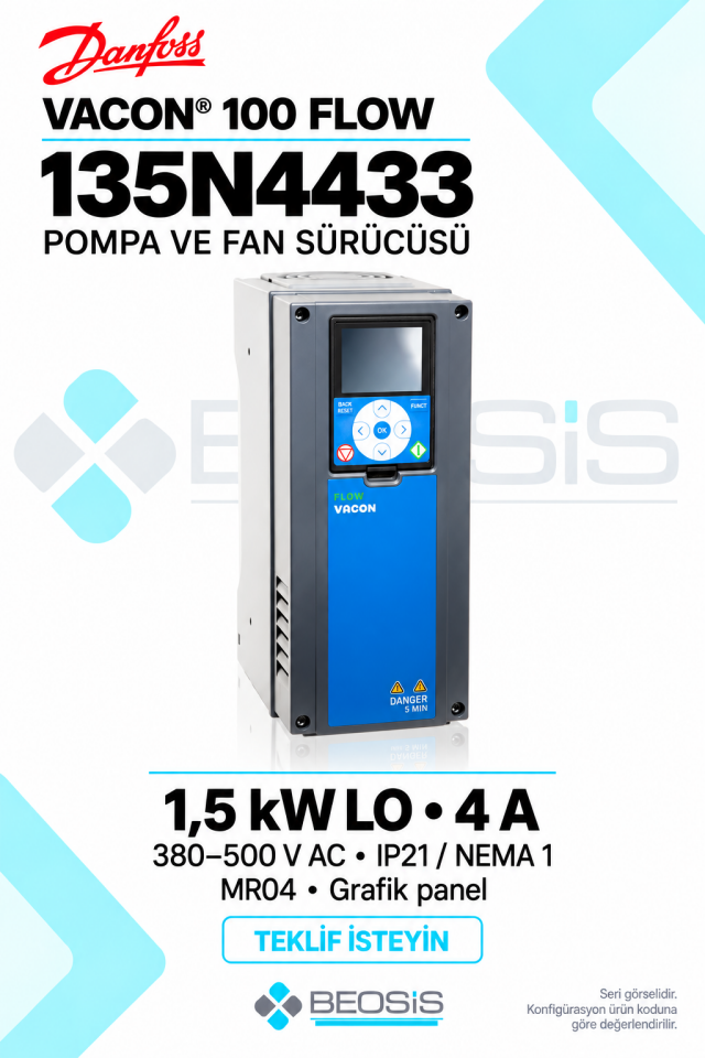 Danfoss 135N4433 VACON 100 FLOW 1,5 kW LO 380–500 V IP21 Grafik Panelli Motor Hız Kontrol Cihazı